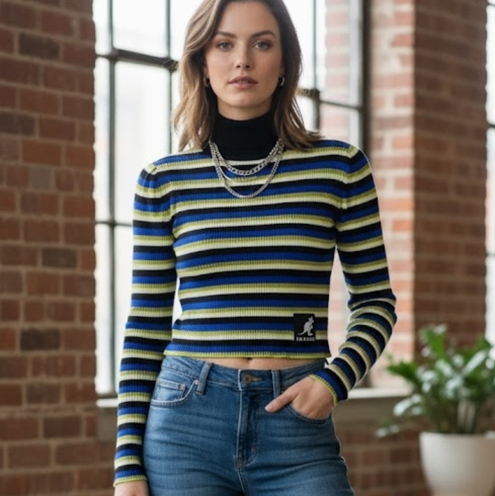 H&M x Kangol striped ribbed cropped turtleneck sweater S